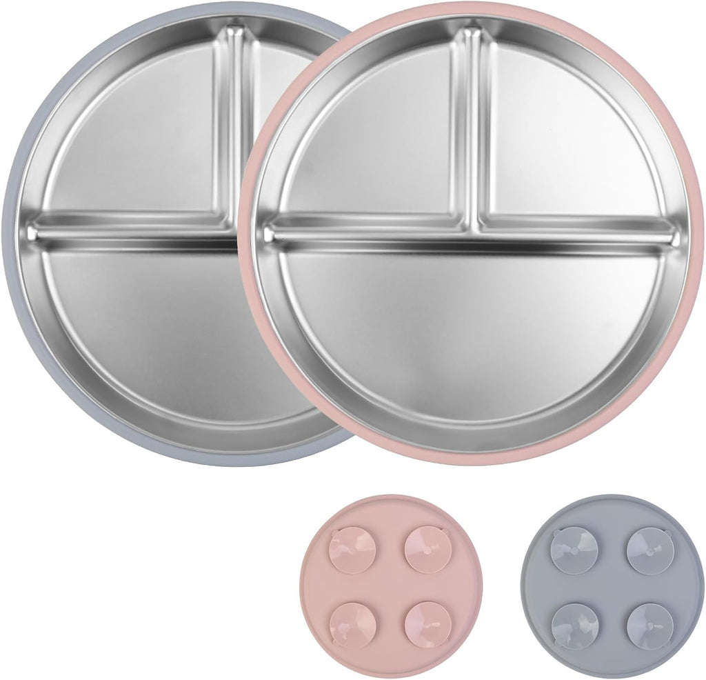 ShineMe Stainless Steel Kids Plates 2 Pack, 9”Suction Plates for Baby with Removable Colored Silicone Sleeves, Unbreakable Toddler Divided Plate Non Toxic for Snack, Meal...
