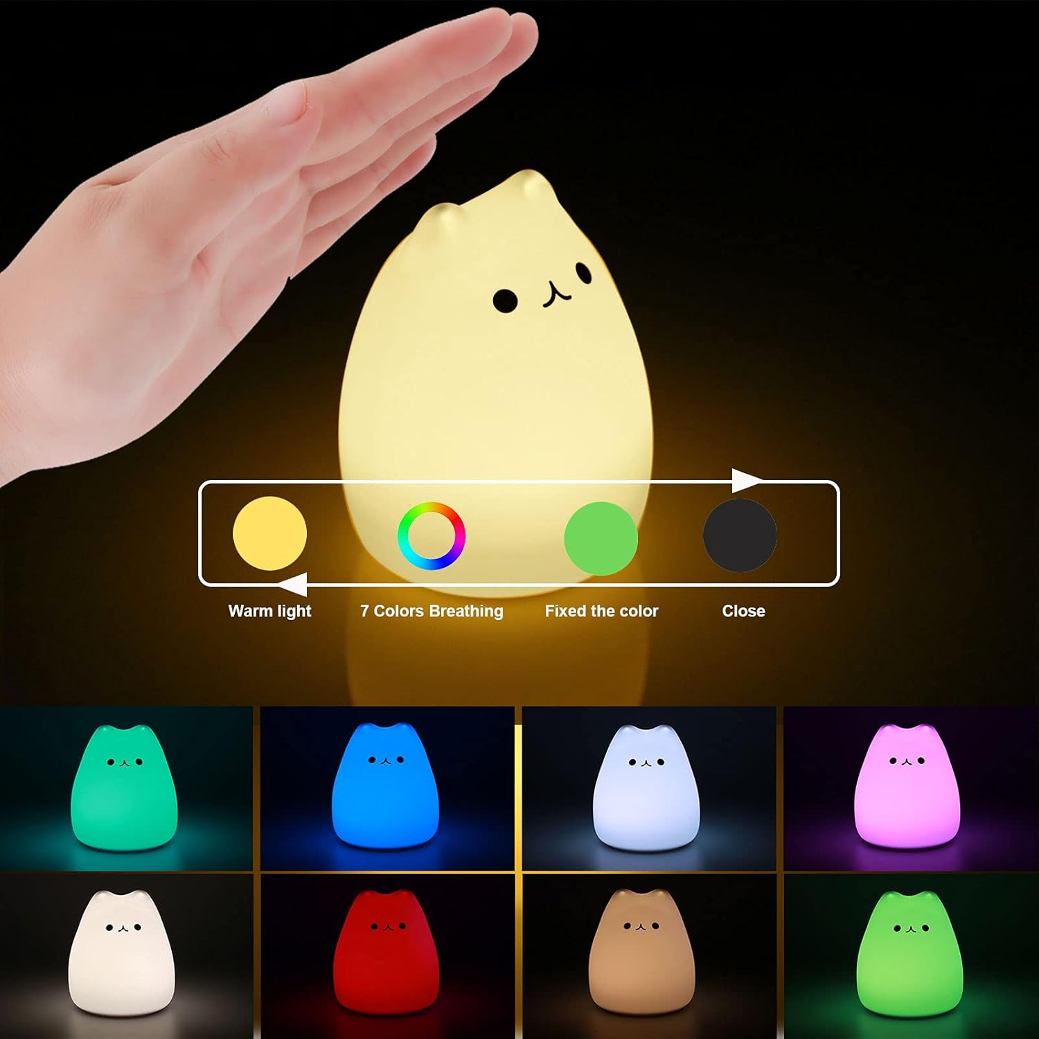 LED Night Light for Kids, Cute Nursery Color Changing Cat Night Light with Tap Control, Battery Powered Portable Squishy Silicone Soft Lamp Gifts for Baby Girls Boys Toddler Children Bedroom