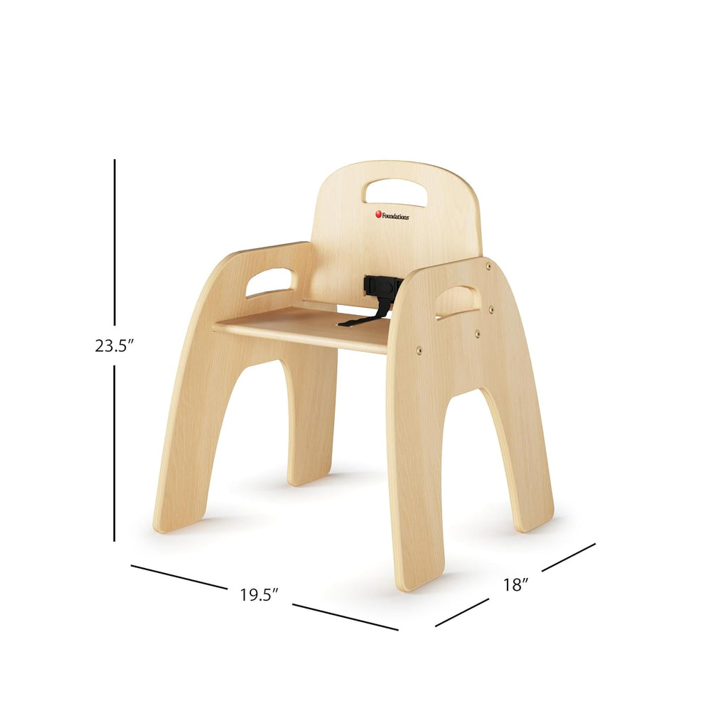 Foundations Simple Sitter 13” Low Wood Feeding Chairs, Wide No-Tip Base, Adjustable Safety Harness, Stackable Wood Toddler Chairs with Food Service Grade Finish, 2 Pack