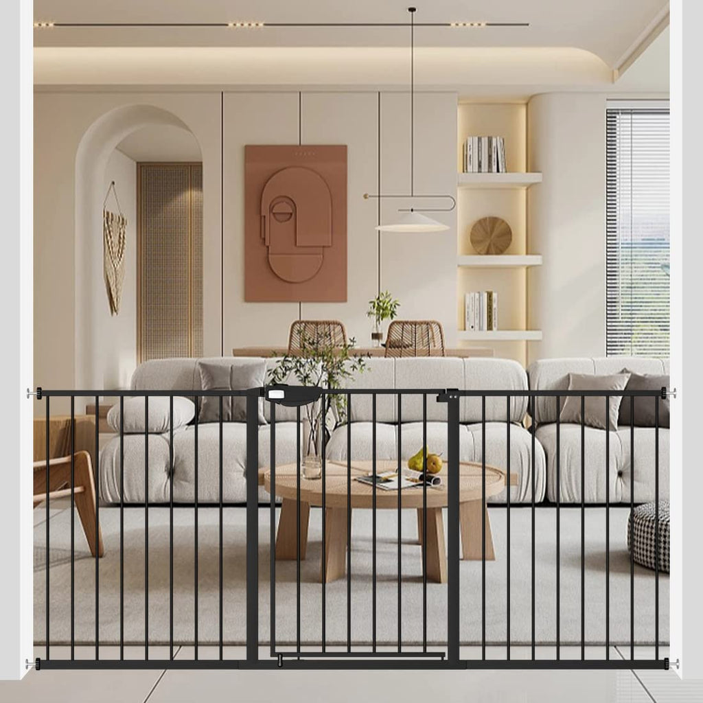 WAOWAO Triple Lock Baby Gate Extra Wide 81.49-86.22" Pressure Mounted Walk Through Swing Auto Close Safety Black Metal Dog Pet Puppy for Stairs,Doorways