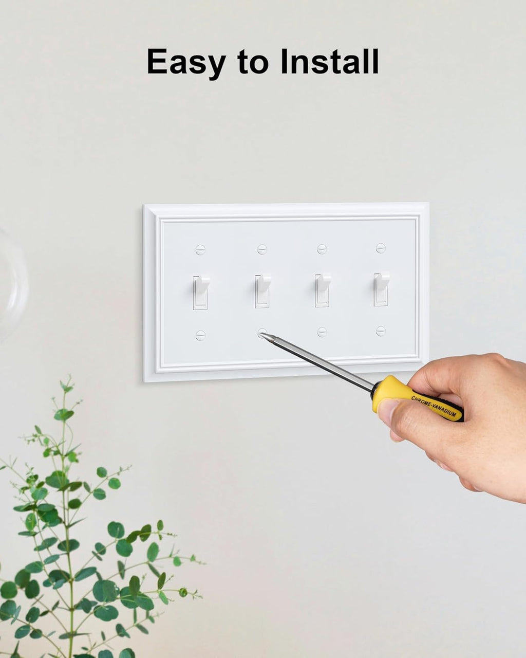 2-Pack Quad Toggle Light Switch Cover Plate, Pure White Decorative Switch Plate Covers, Natural Bamboo Fiber 4 Gang Wall Plate for Toggle Light Switch and Rotary Dimmer Switch