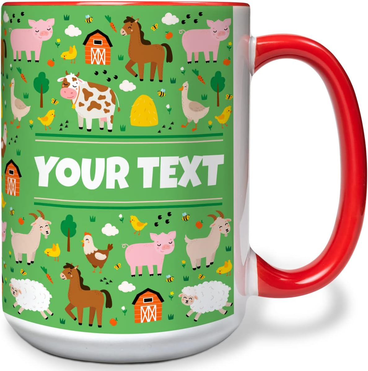 Personalized Mug for Kids - Farm Animals - Custom Name/Text, Ceramic Hot Chocolate/Cocoa/Coffee Cup for Boys/Girls, Birthday/Christmas/Holiday Gift - 15 oz, Red Handle