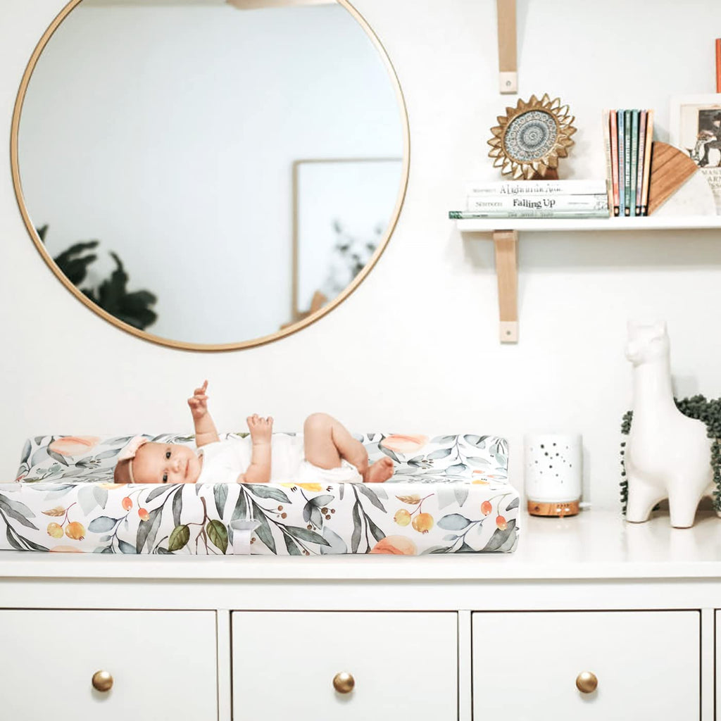 GRSSDER Stretch Ultra Soft Jersey Knit Changing Pad Cover Set 2 Pack, Change Table Pad Covers Fit 32"/34" x 16" Pads Safe and Snug, Stylish Watercolor Flowers and Fruits for Girls