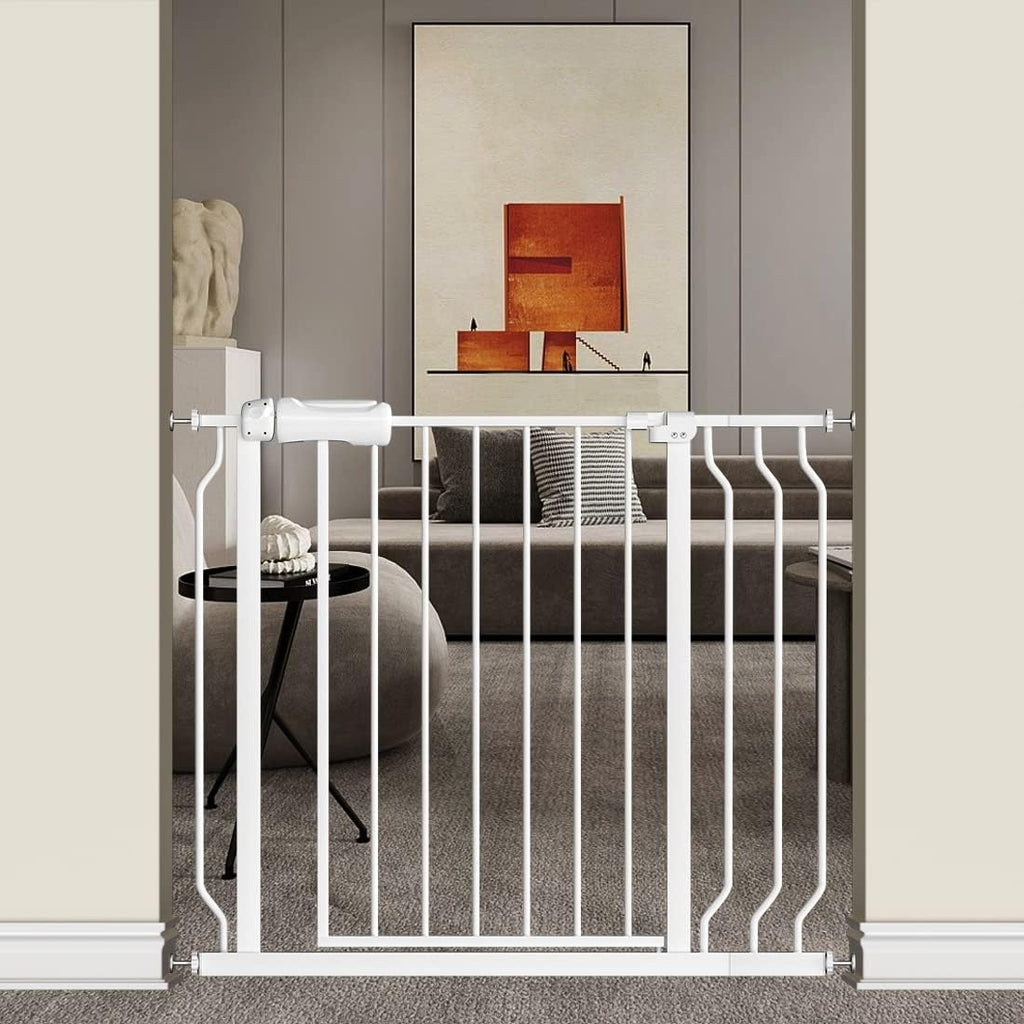 TSAYAWA Extra Wide Baby Gate with Door,33.8-38.5 Inch Walk Through Large Long Child Gates for Stair Doorway - Indoor Outdoor Safty Gate for Toddler Pet Dog Doggie White
