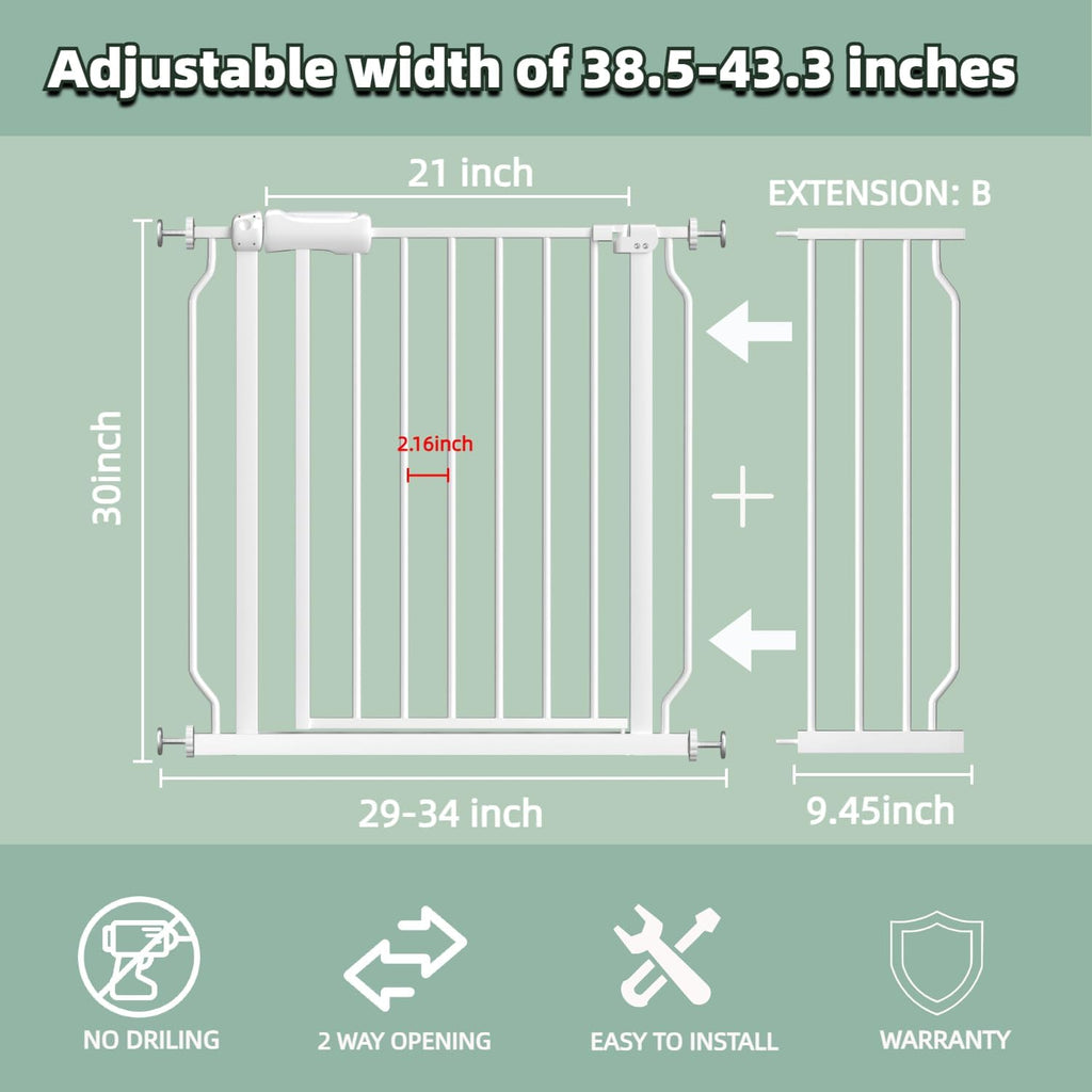 TSAYAWA Extra Wide Baby Gate with Door,38.5-43.3 Inch Walk Through Large Long Child Gates for Stair Doorway - Indoor TSAYAWA Outdoor Safty Gate for Toddler Pet Dog Doggie White