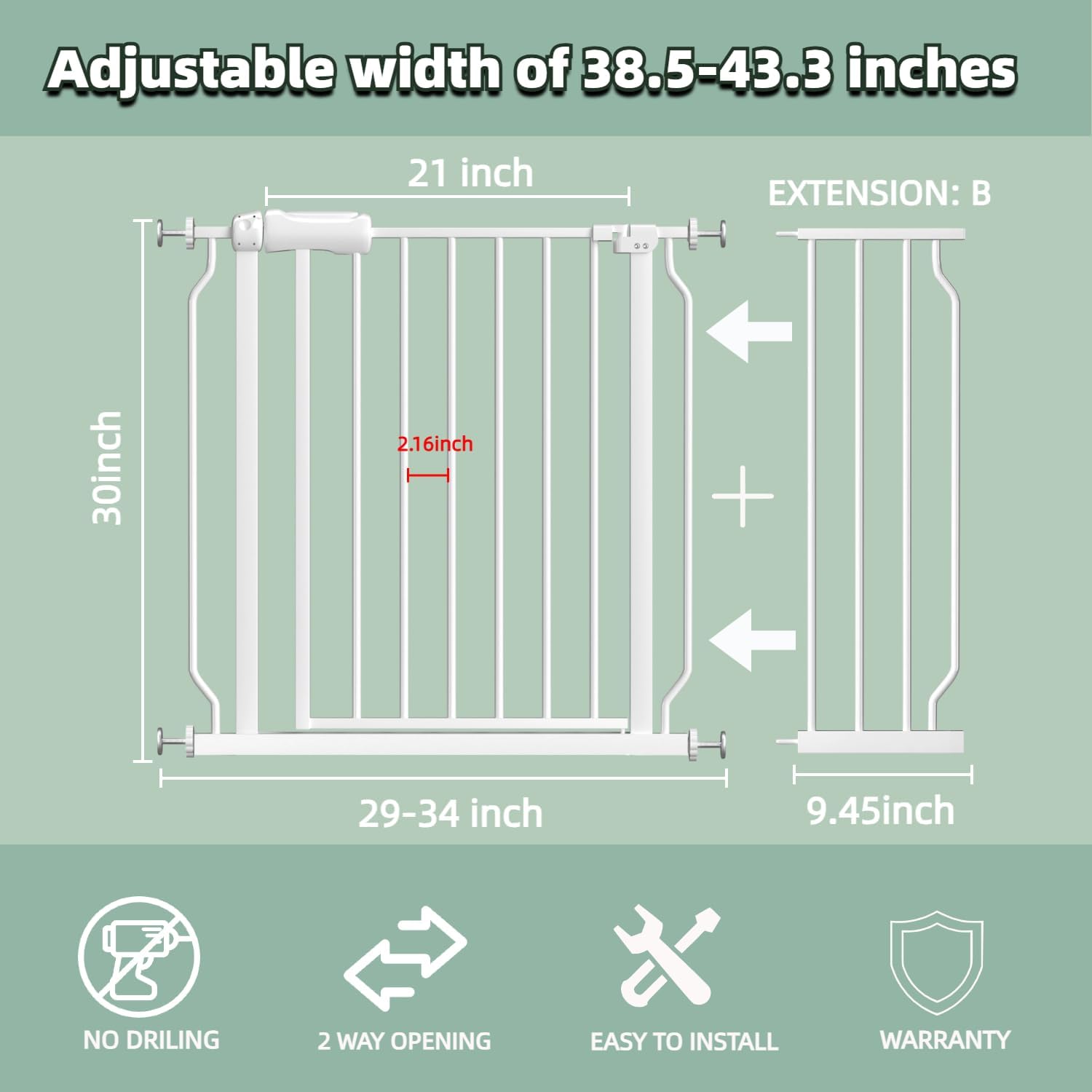 TSAYAWA Extra Wide Baby Gate with Door,38.5-43.3 Inch Walk Through Large Long Child Gates for Stair Doorway - Indoor TSAYAWA Outdoor Safty Gate for Toddler Pet Dog Doggie White