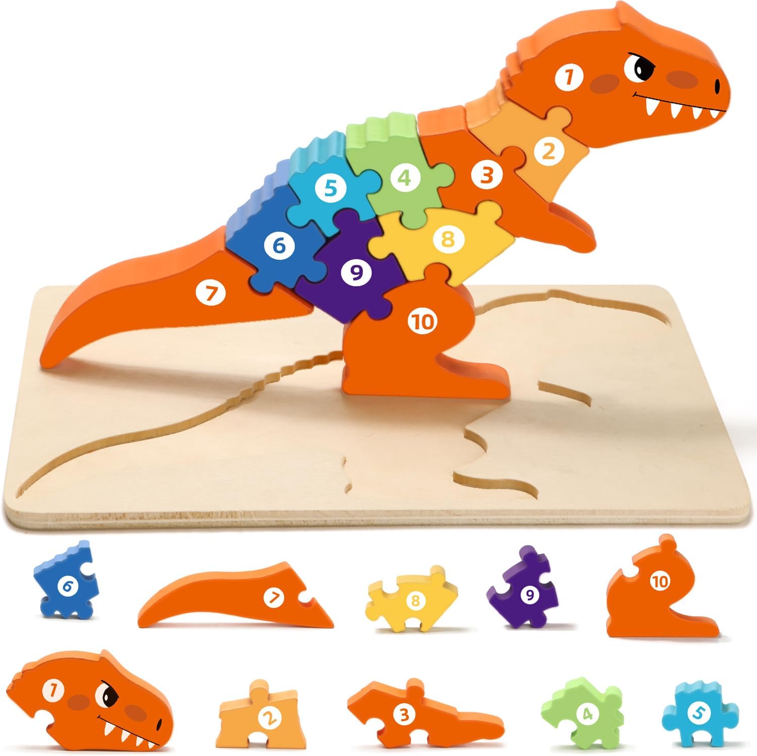 Dinosaur Puzzles for 1+ Year Old, Wooden Puzzles for Toddlers 1-3, Dinosaur Toys for Kids 2-4 Boys/Girls, Large Floor Chunky Dino Puzzles Ages 3-5, Learning Number Color 4-6, Allosaurus