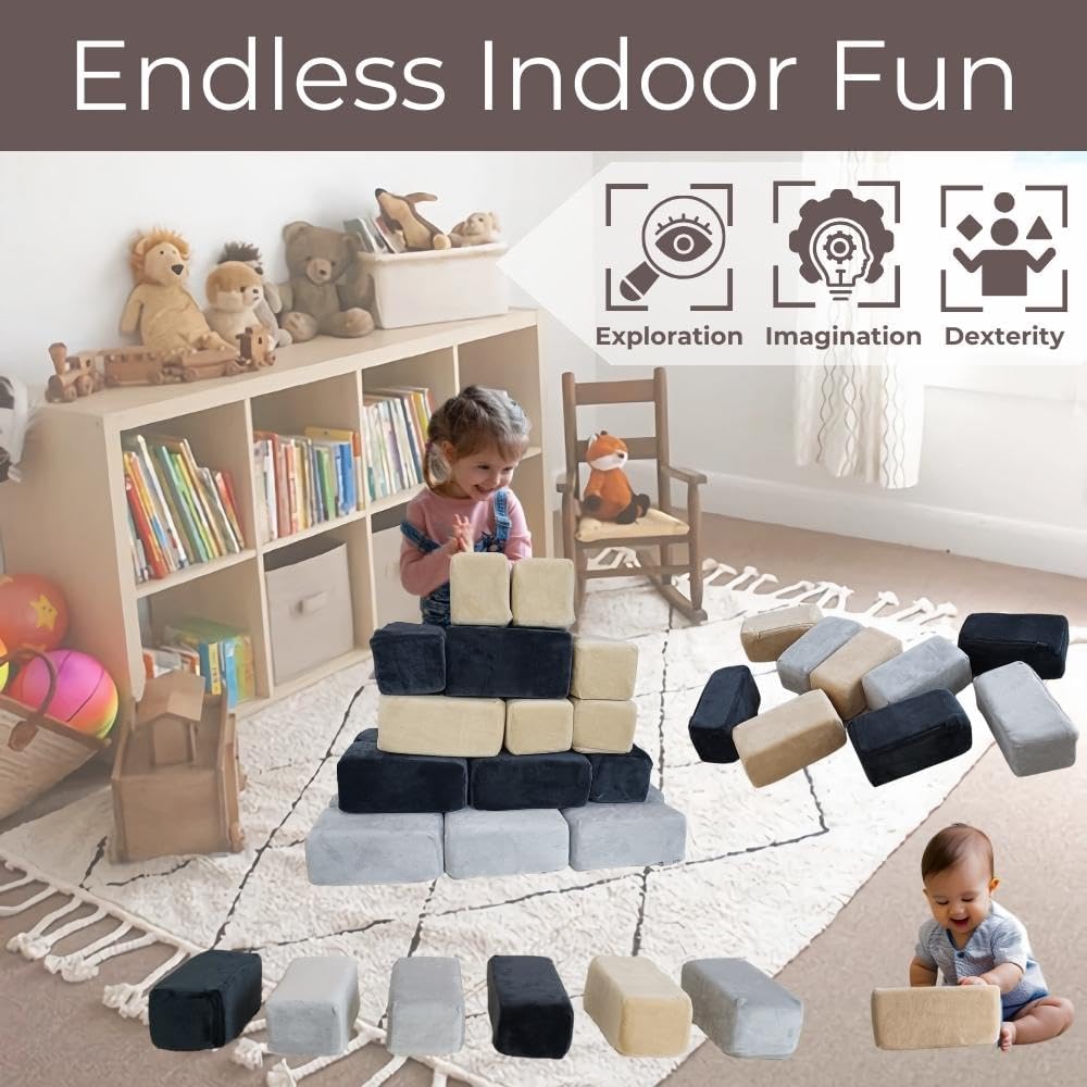 Wonder Space Plush Foam Blocks - Nursery Building & Stacking Toys for Toddlers Boys & Girls, Soft Smooth Velvet Cover, Early Education Gross Motor Skills & Brain Development (24 Bricks, Castle Rock)