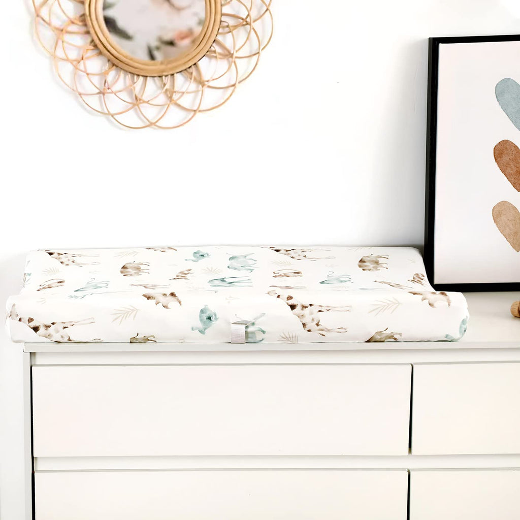 GRSSDER Stretch Ultra Soft Jersey Knit Changing Pad Cover Set 2 Pack, Change Table Pad Covers Fit 32"/34" x 16" Pads Safe and Snug, Stylish Pattern for Boys and Girls, African Savannah Animals