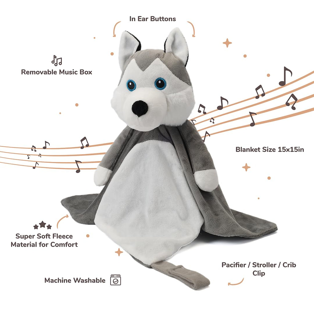 Love By Emi Baby Music Lovey Grey & White Husky, Baby Sleep Soother for Crib & Cuddle Bedtime, White Noise with Heartbeat & Lullaby, Plush Sound Toy, Stuffed Animal for Newborns, Infants & Toddlers