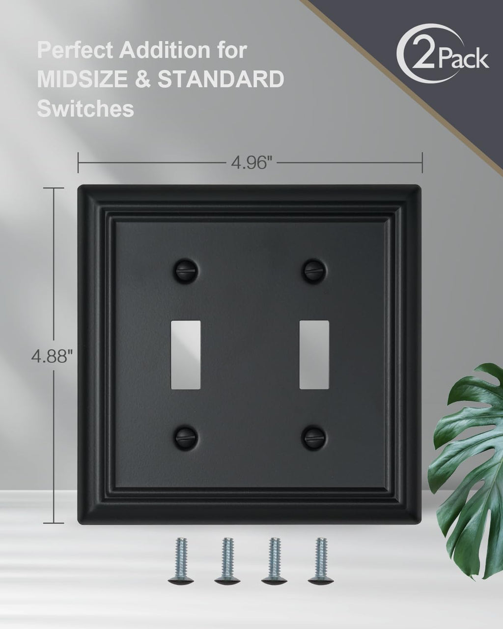 2-Pack Double Toggle Wall Plates, Durable Metal Light Switch Covers, Decorative Switch Plate Covers with Black Finish, 4.96''*4.88'', Midsize