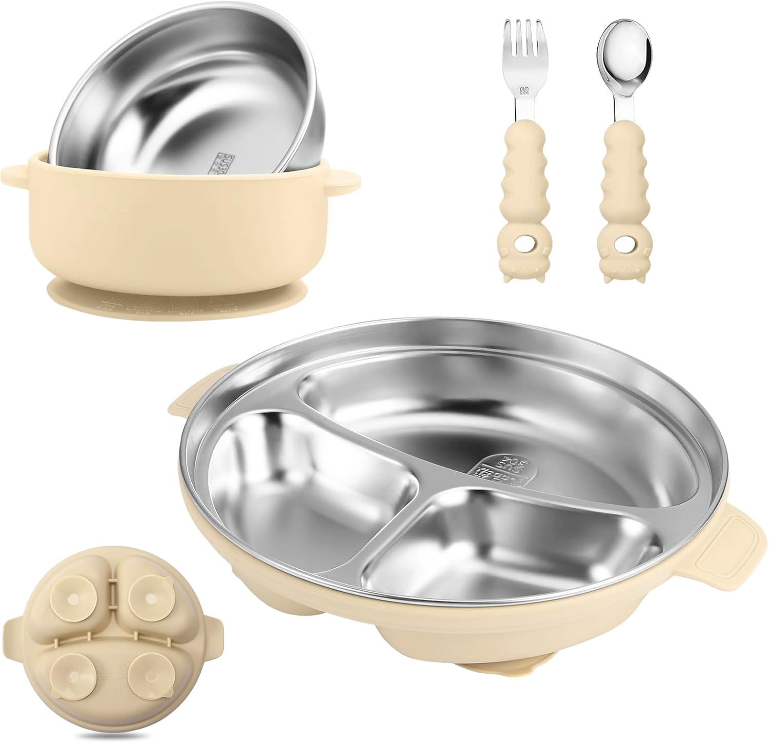 Stainless Steel Baby Plate and Bowl with Suction, Baby Bowl and Divided Kids Toddler Plate with Removable Silicone Shell, Non-Slip Toddler Baby Feeding Set, Forks + Spoons Included-Cream