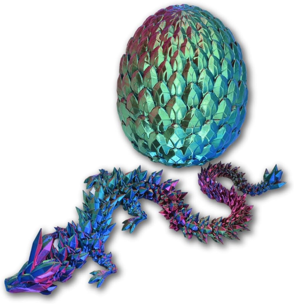 3D Printed 14'' Articulated Crystal Dragon with Egg, Toy Home Office Decor, Executive Desk Toy, Adult Fidget Toy, Toddler Play Game (Red-Blue-Green, Medium 14'' w/Egg)