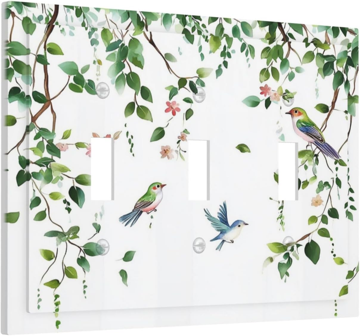 Decorative Switch Plates Green Leaves Bird Eucalyptus Sage Plant 3 Gang Wall Plate Triple Toggle Light Switch Cover Faceplate Electrical Wall Panels For Bed Room Living Room Decor