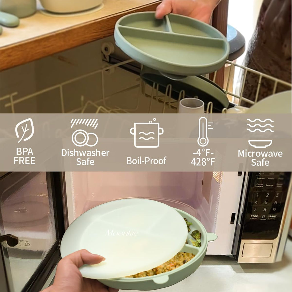 Moonkie Suction Plates for Baby | 100% Silicone BPA-Free Baby Plates with Lids and Food Cover | Divided Design | Microwave and Dishwasher Safe | Toddler Plates 2 Pack