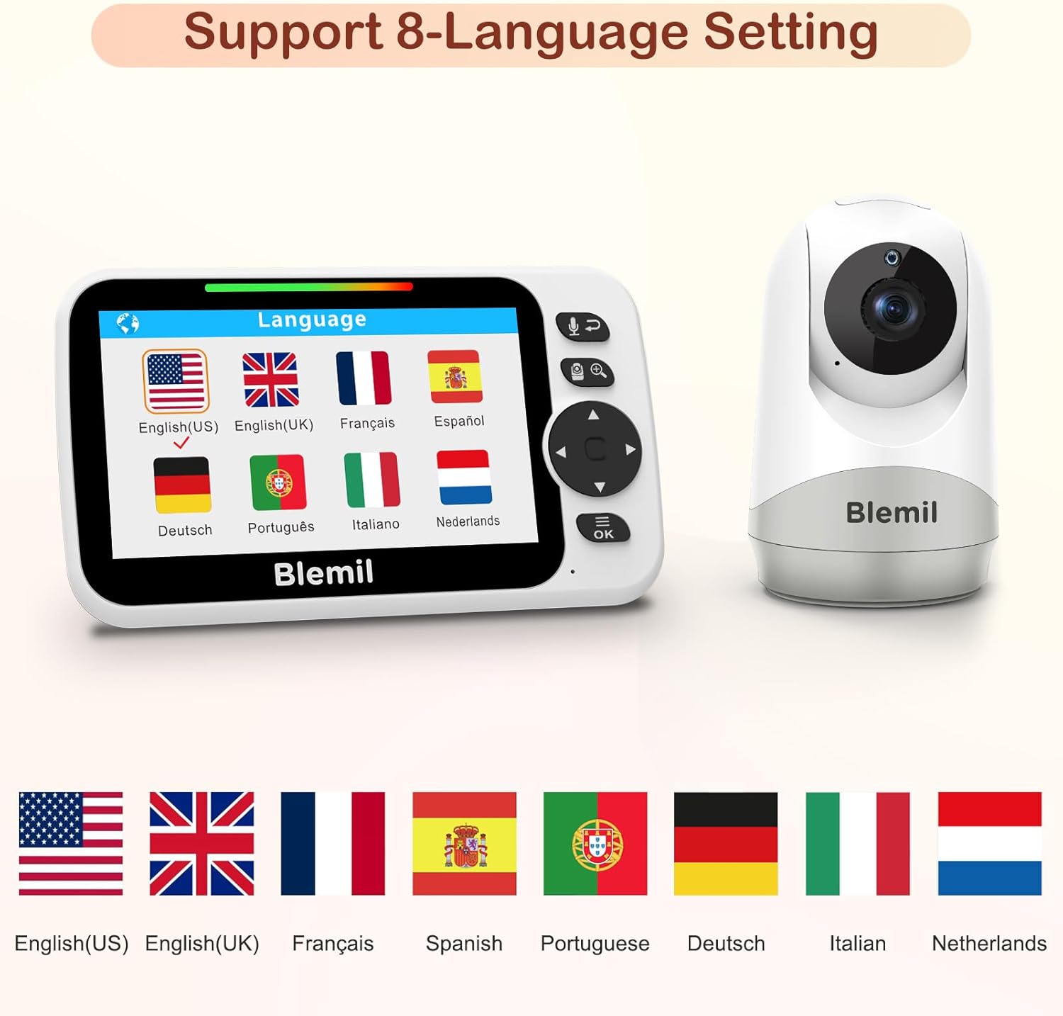 Baby Monitor with 30-Hour Battery, 5" Large Split-Screen Video Baby Monitor with Camera and Audio, 3500mAh Battery, Remote Pan/Tilt/Zoom Camera, Two-Way Talk, Night Vision, Lullabies, No WiFi