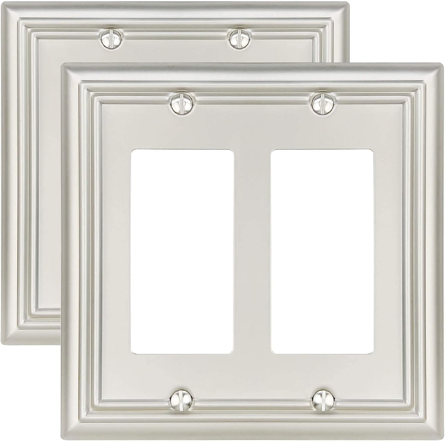 2-Pack Double Decorator Outlet Covers, Satin Nickel Wall Plates for Dimmer Switch, GFCI Outlet and Receptacal, Durable Metal, Midsize