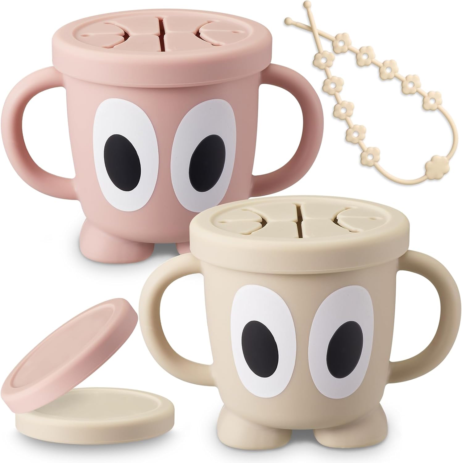 Silicone Snack Cups Food Container for Toddlers and Babies, Spill Proof Training Cup with Snack Cup Lid & Dust Proof Lid, Comes with a toy strap, Without BPA, Lead, or Phthalates (Beige & Pink)