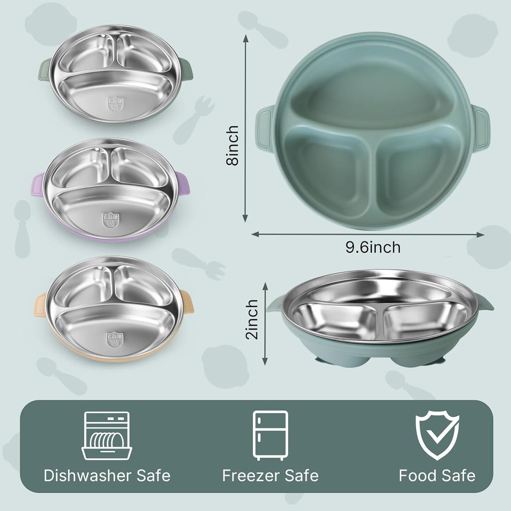 Stainless Steel Toddler Plates with Suction | Non-Slip Divided Baby Plates BPA Free & Non Toxic | Detachable Silicone Base| Dishwasher Safe | Unbreakable Kids Dinnerware 3-Pack