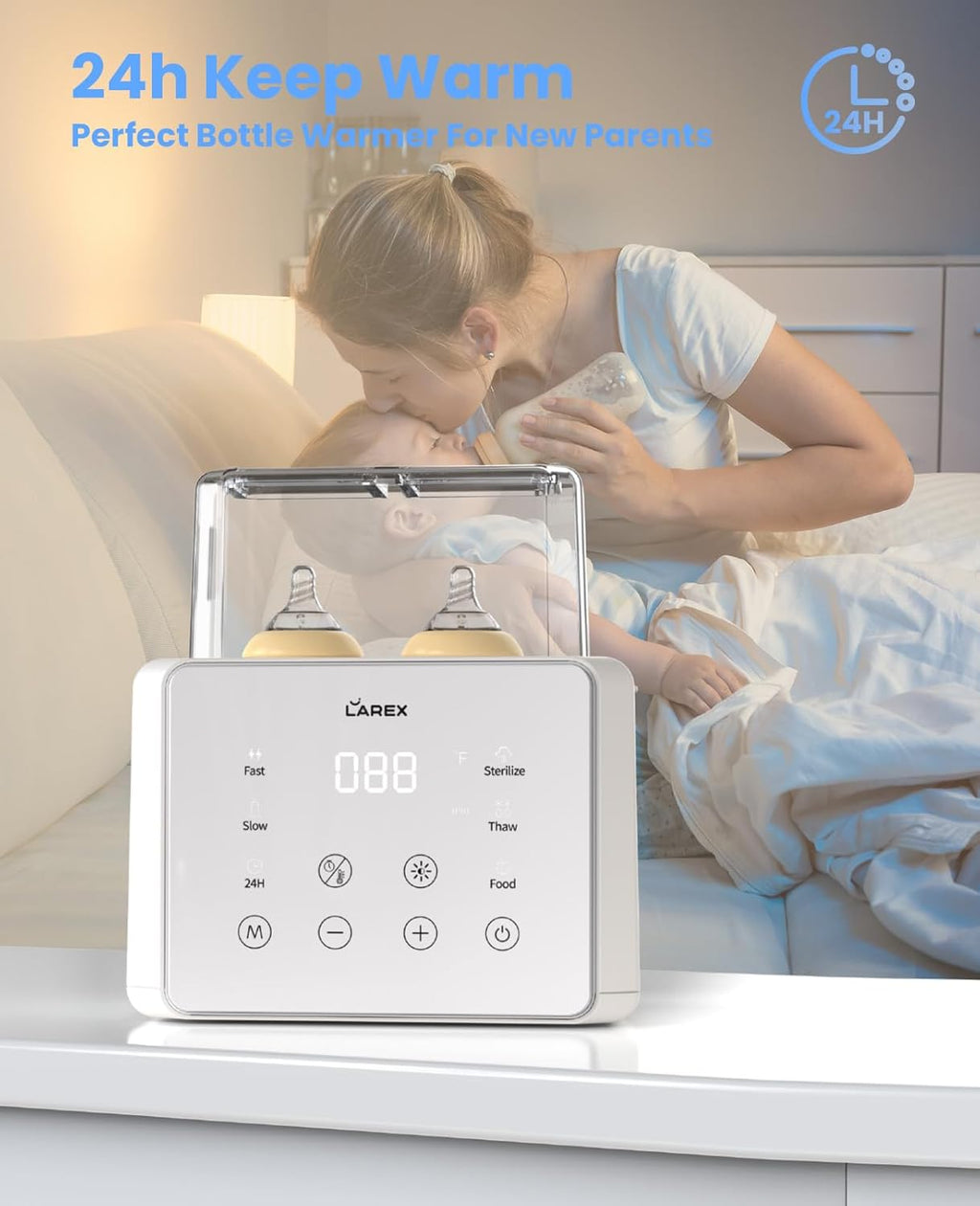 LAREX Double Bottle Warmer, 11-in-1 Fast Baby Bottle Warmer for Breastmilk and Formula, with Timer, Fits 2 Bottles, Accurate Temp Control, Milk Warmer with Thaw, Steri-lizing, Keep Warm, Heat Food