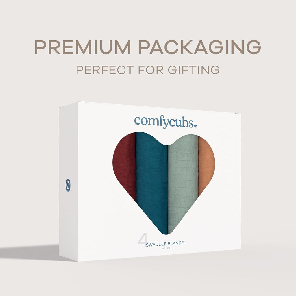 Comfy Cubs Muslin Swaddle Blankets Pack of 4, 47 x 47 Inches, Soft Cotton Baby Blanket Set, Large Multipurpose Swaddling Wraps for Newborns - Self-Soothing Swaddle - Wine, Neptune, Fern, Caramel