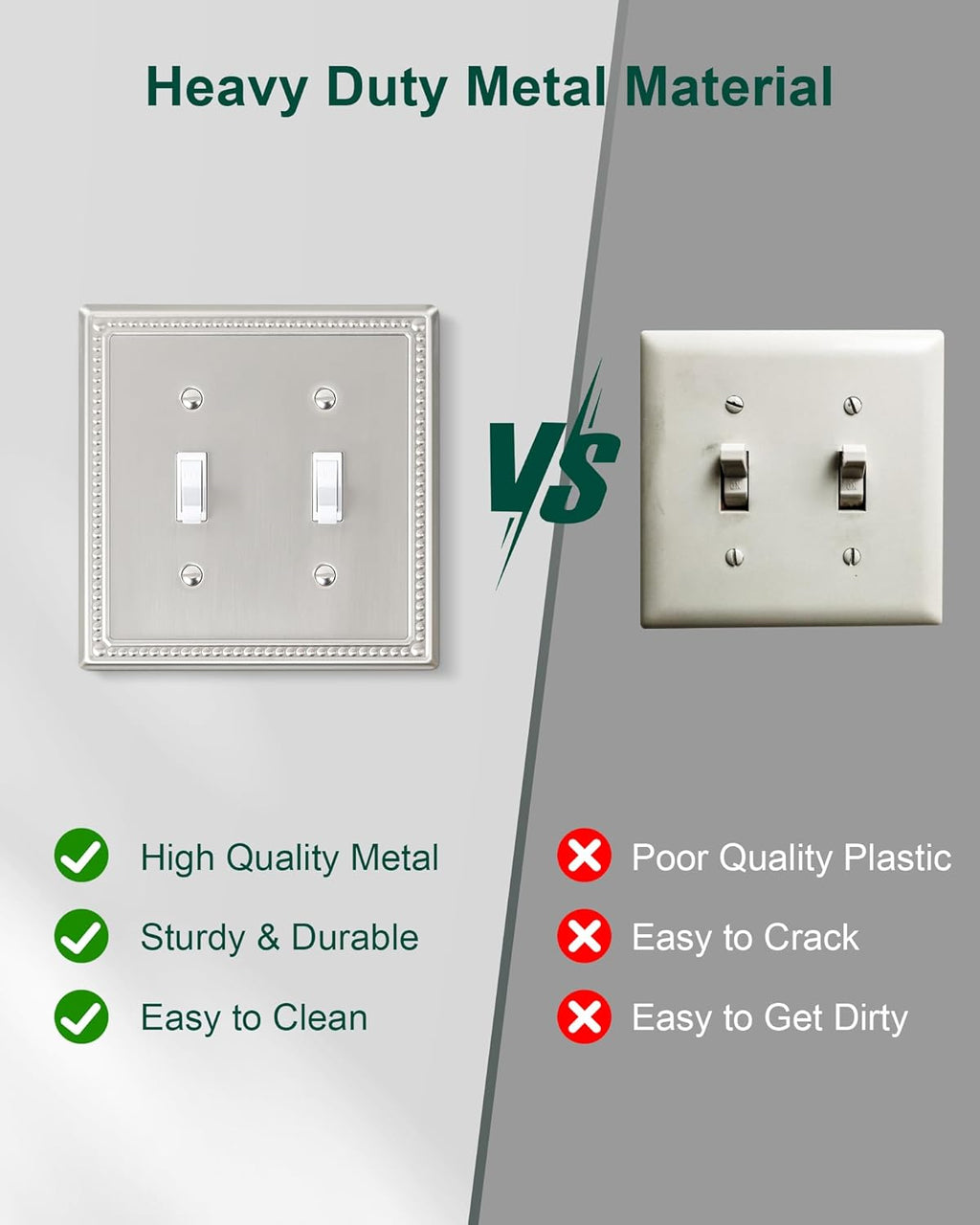 2-Pack Double Toggle Light Switch Cover Plate, Pearls Decorative Dual Switch Plate Covers, Brushed Nickel 2 Gang Metal Wall Plate, Corrosion Resistant