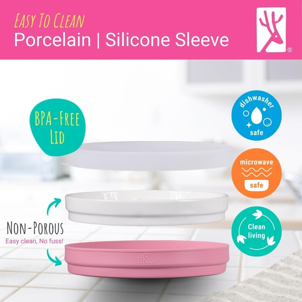 Elk and Friends Kids 7.8” Porcelain Divided Plates with Silicone Suction Sleeves + Lids | Suitable for Kids/Toddlers | Microwave & Dishwasher Safe | Non Slip | Snack Dishes | 4 Pack