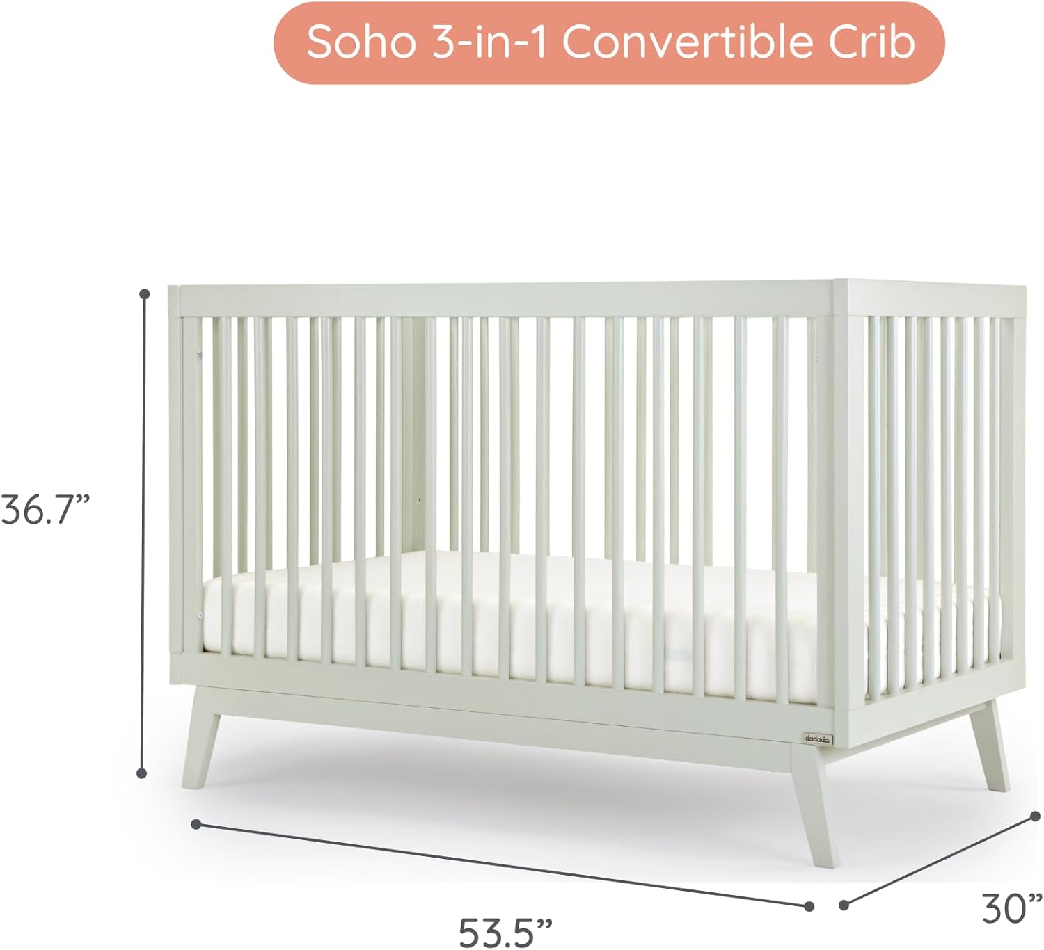 dadada Baby Soho 3-in-1 Convertible Wooden Crib to Toddler Bed - Made in Italy, GREENGUARD Gold Certified, Baby-Safe Finish, Sustainable Beech Wood, Modern Design, 3 Adjustable Heights (Sage)
