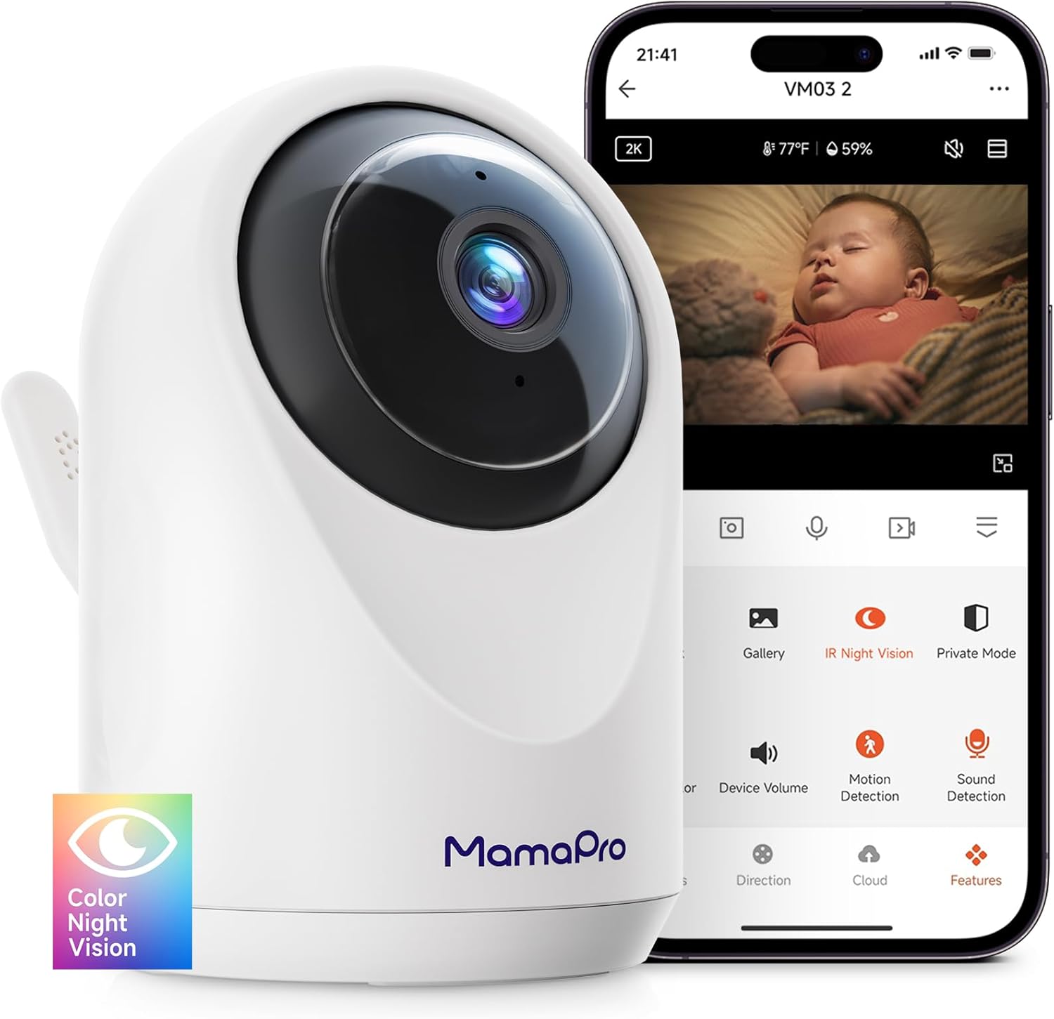 WiFi Baby Monitor with Camera and Audio - 2K Color Night Vision, WiFi Video Baby Monitor - 355° Pan/70°Tilt, AI Motion/Cry/Temp/Humidity Alerts, 2-Way Audio, App for 20 Users, 8 Lullabies