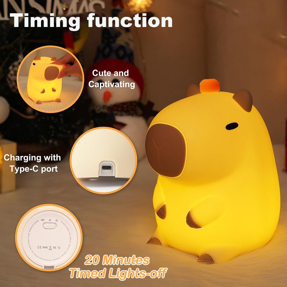Capybara Little Night Light for Kids, Portable USB Rechargeable Animal Lamps Touch Control Lamp, Silicone Night Light with Timing Function,Children's Christmas Gifts