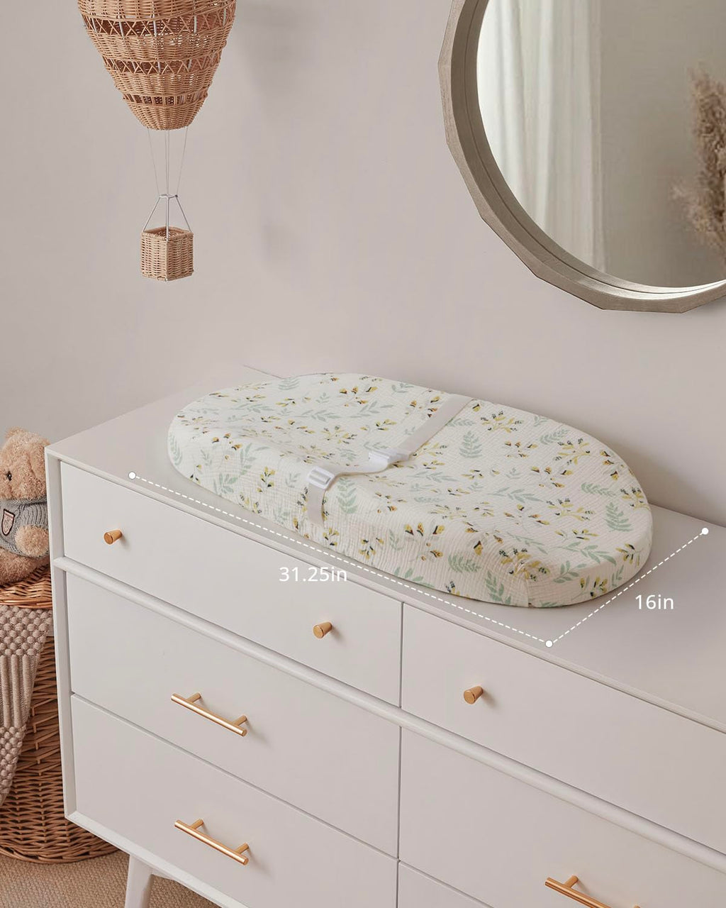 Blissful Diary Muslin Baby Changing Pad with Waterproof Lining Foam, Baby Changing Table Pad with Cover for Dressers (Botanical Leaf, Avocado)