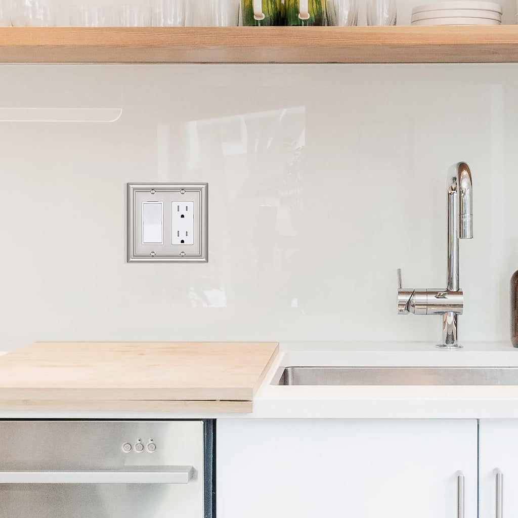 DEWENWILS Double Decorator Wall Plates, Brushed Nickel Outlet Covers, Metal Face Plates for Electrical Outlets, GFCI, Dimmer Switch, 2-Pack