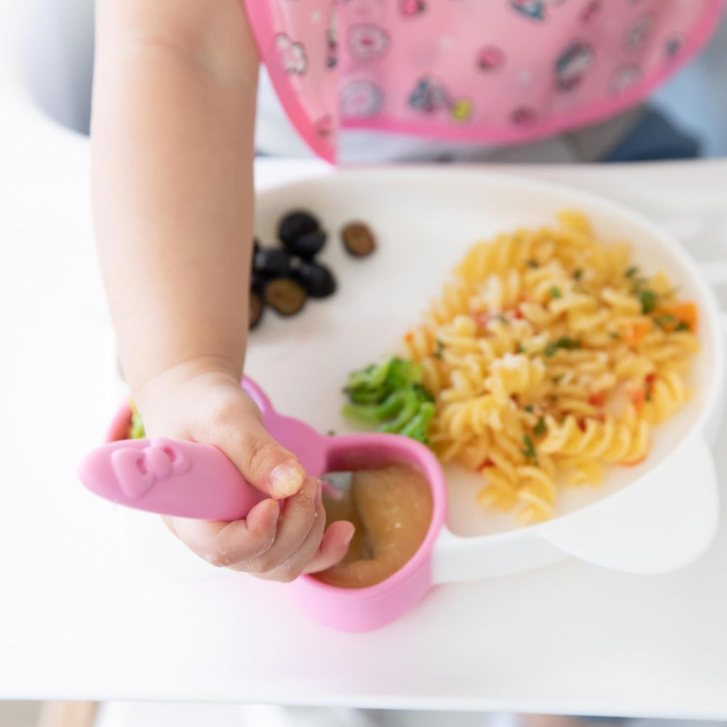Bumkins Toddler Utensils, Kids Size Fork and Spoon Set, Silicone and Stainless-Steel Training Silverware, Angled Fork / Spork for Self-Feeding, Children Learning to Eat, 18 Mos Up, Hello Kitty Pink