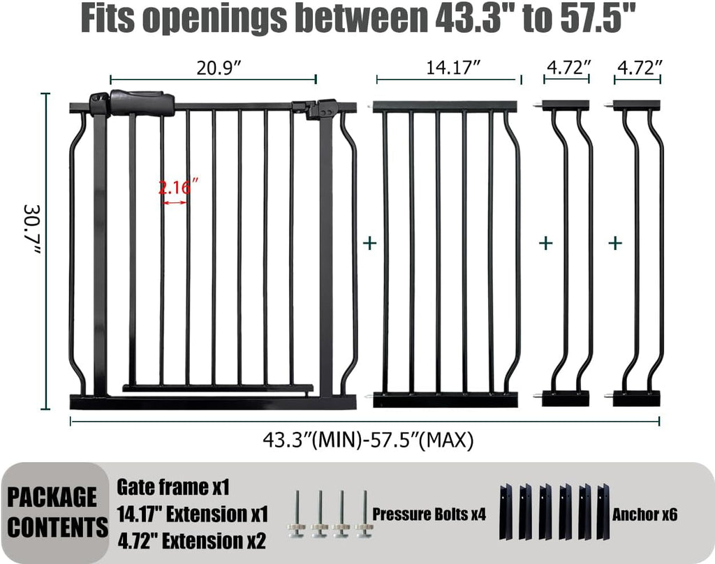Extra Wide Baby Gate, 52.7-57.5 Inch, Large Walk Through, Black Metal, Pressure Mounted, Long Safety Dog Gate for House Doorways & Stairs
