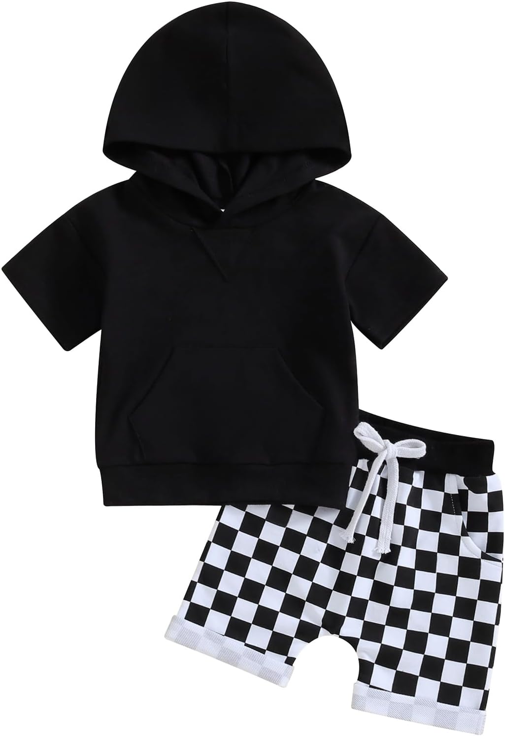 Toddler Baby Boy Summer Hooded Outfit Contrast Color Short Sleeve T Shirt Top Elastic Shorts Summer Clothes Set