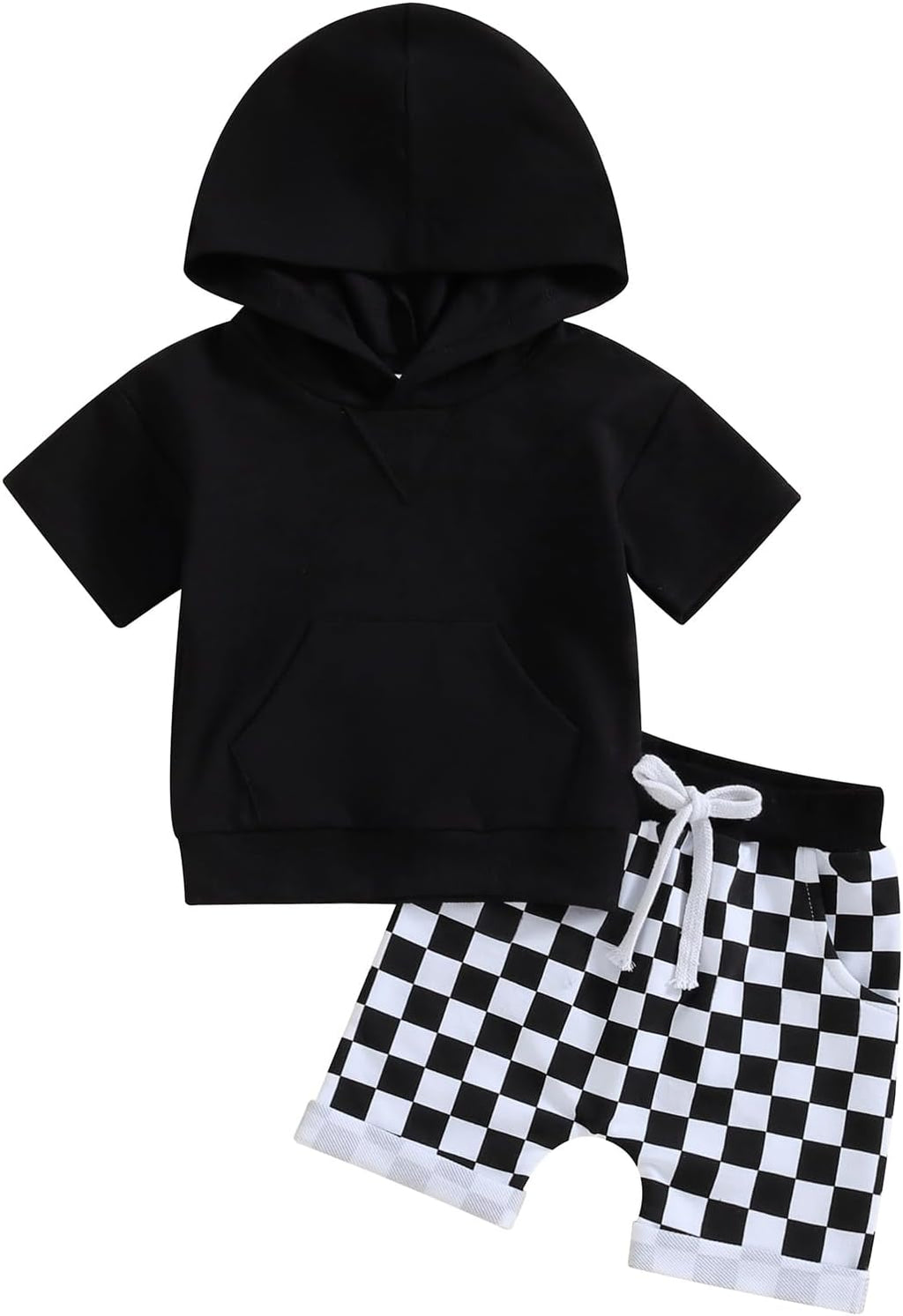 Toddler Baby Boy Summer Hooded Outfit Contrast Color Short Sleeve T Shirt Top Elastic Shorts Summer Clothes Set