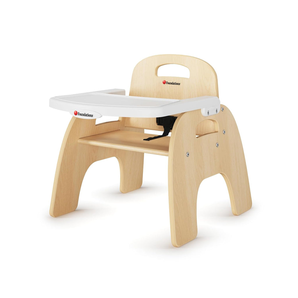 Foundations Easy Serve 9" Wood Feeding Chair for Toddlers, Adjustable Harness, Removable Dishwasher Safe Tray, “No Tip” Base, Baltic Birch Plywood