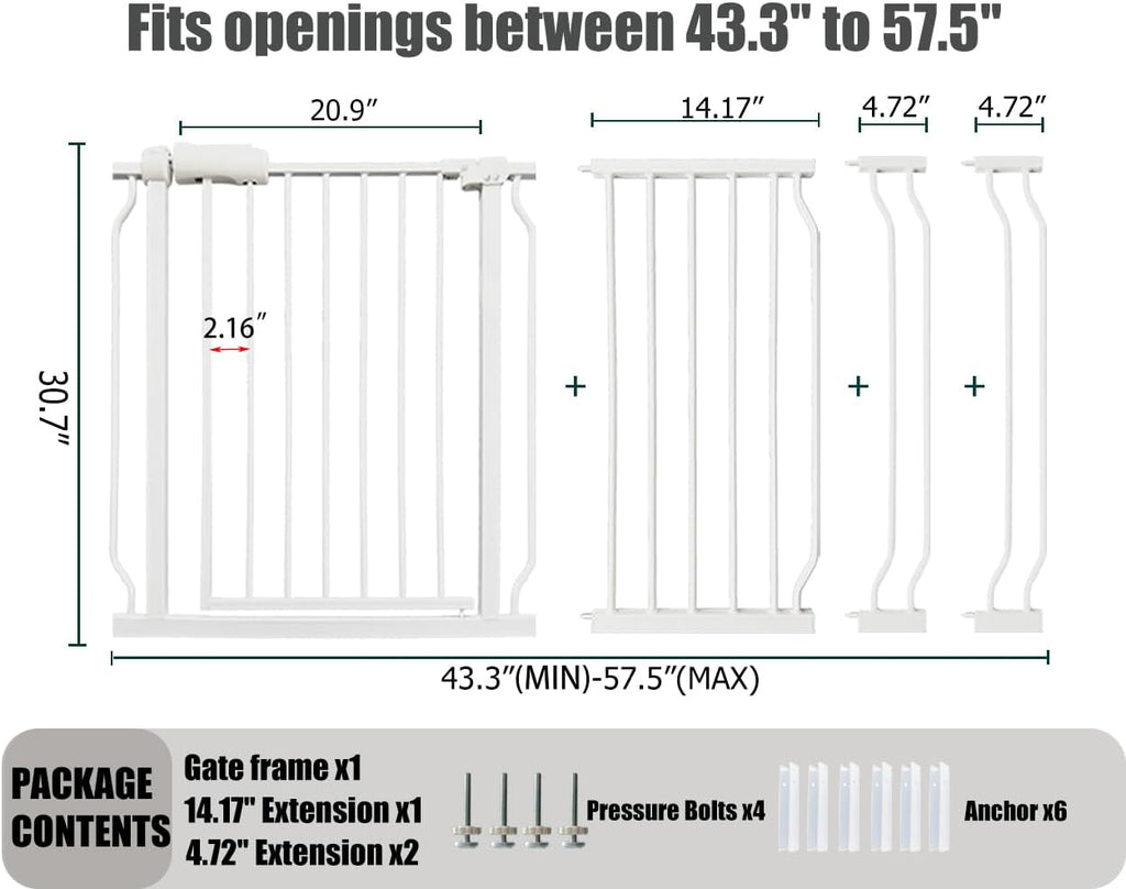 Extra Wide Baby Gate, 52.7-57.5 Inch, Large Walk Through, White Metal, Pressure Mounted, Long Safety Dog Gate for House Doorways & Stairs, 30 Inch Tall