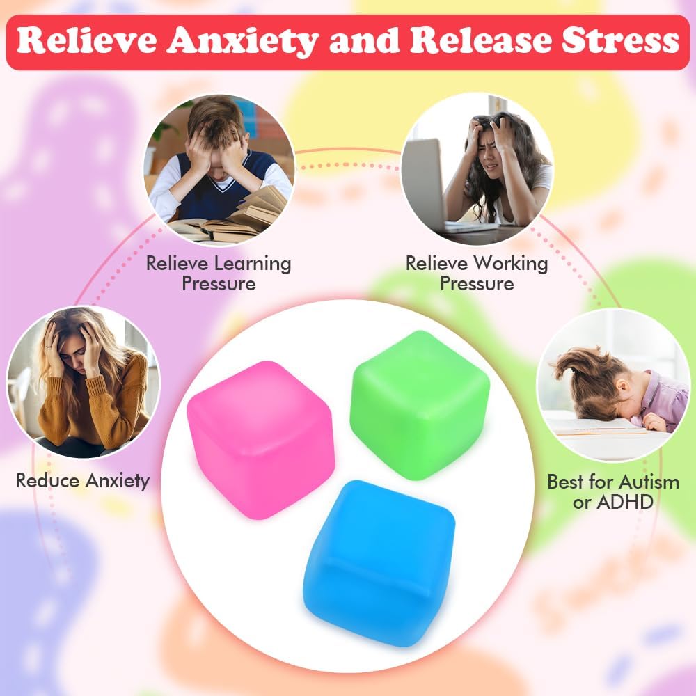3 Pack Stress Cube - Squishy Sensory Fidget Toy for Adults and Kids, Anxiety Relief Toys with Groovy Goo Filling in Pink Blue Green