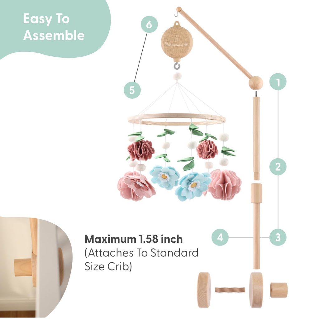 The Peanutshell Crib Mobile for Girls - Wooden Musical Baby Crib Mobile with 12 Lullabies, Wildflower Baby Floral Nursery Decor