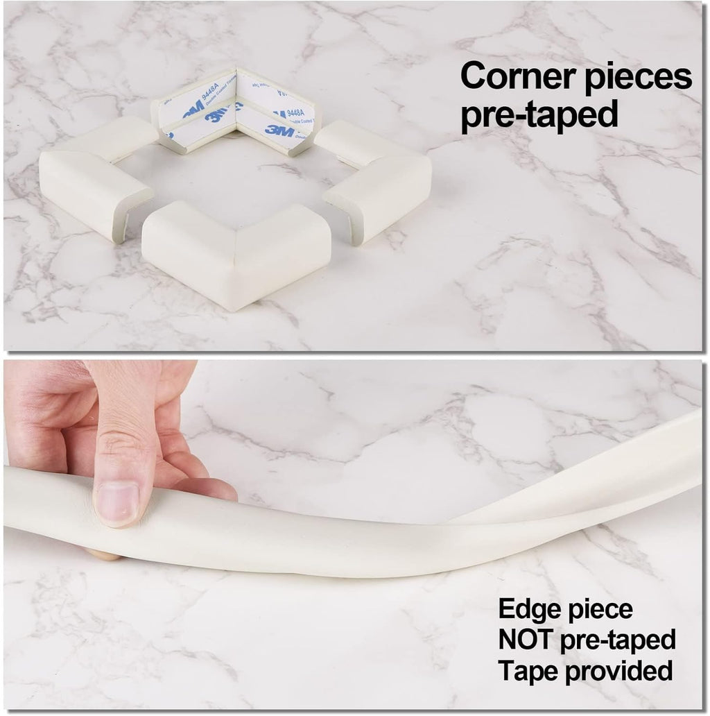 Edge Corner Protector Baby Proofing (Large 20ft Edge 8 Corners), Durable, High Density Rubber Foam, Fireplace Stair Furniture Safety Bumper Guard, 3M Double-Sided Tape, White