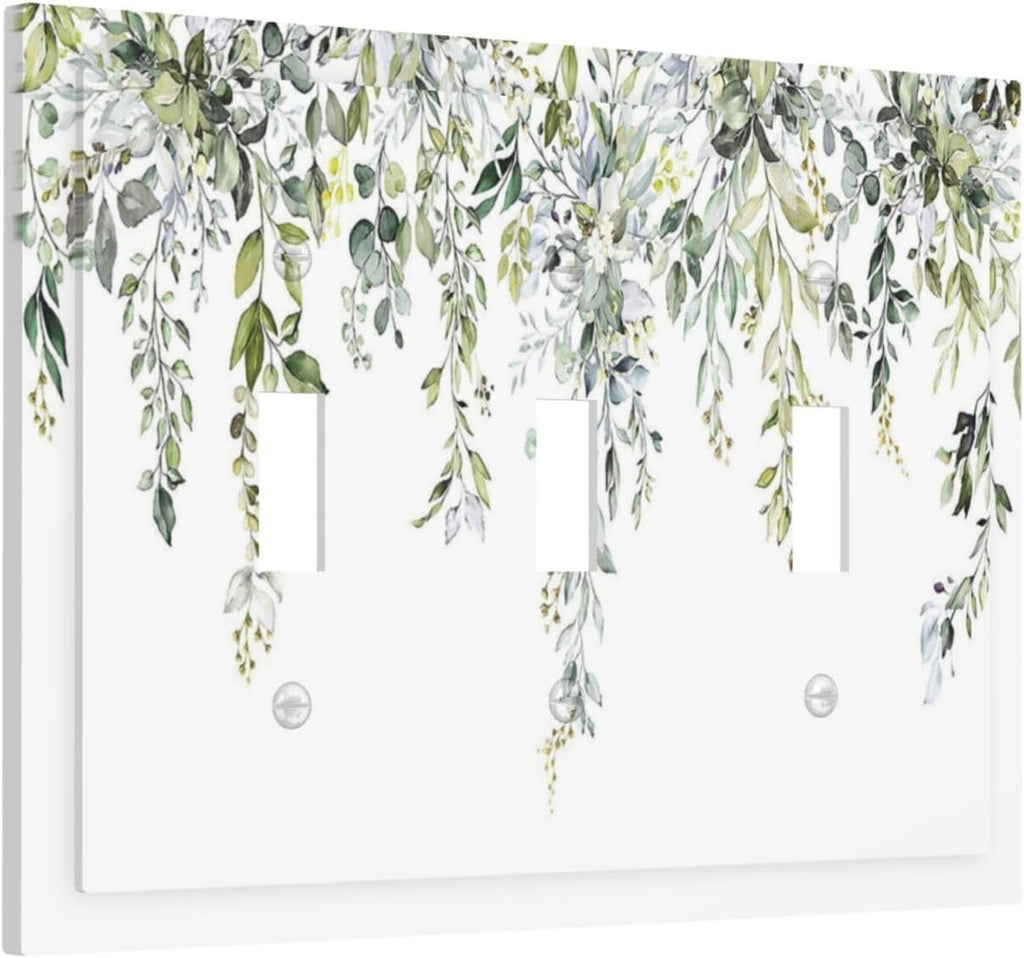 Decorative Switch Plates Boho Farmhouse Flower Leaf Sage Green 3 Gang Wall Plate Triple Toggle Light Switch Cover Faceplate Electrical Wall Panels for Bedroom Cabin Decor
