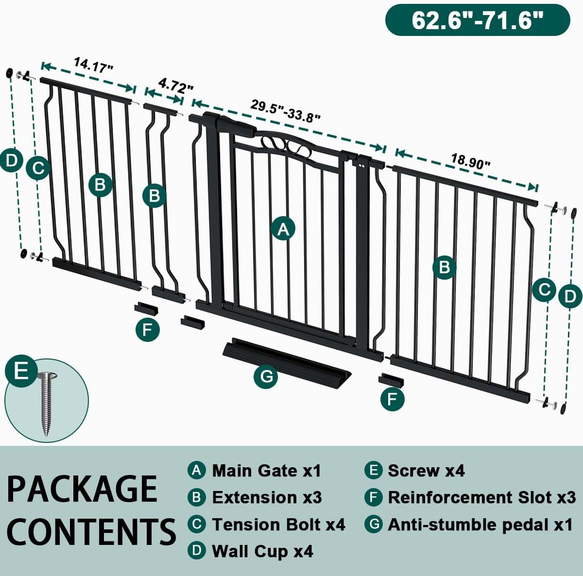 Fairy Baby 62.5"-71.6" Extra Wide Long Pet Dog Gate for The House, Baby Safety Child Gate for Stairs Doorways Garden, Pressure Mounted Toddler Gate, Metal Auto Close Large Pet Gate Walk Thru, Black