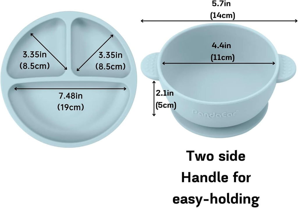 PandaEar Silicone Baby Feeding Set | 9PCS Baby Led Weaning Supplies Self Feeding Utensils | Divided Suction Plate Bowl Bibs Sippy Cup with Baby Snack Container Spoons Forks (Blue)