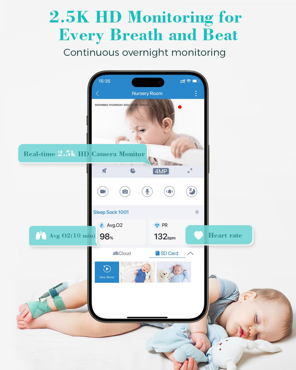Babytone Baby Monitor - Smart Sleep Sock & 2.5K HD Camera, Track Heart Rate & Average Oxygen Level, Cry/Motion Detect, Two-Way Audio and Night Vision Baby Monitor with APP