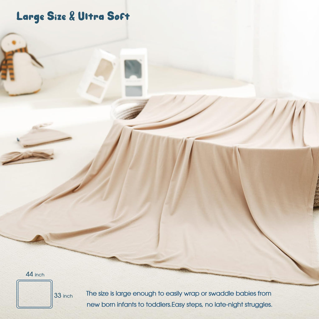 GRSSDER Newborn Swaddle Blanket, Ultra Soft Jersey Receiving Blanket with Matching Headband and Beanie Set 33×44", Stretchy Baby Neutral Swaddle Wrap for Girls and Boys