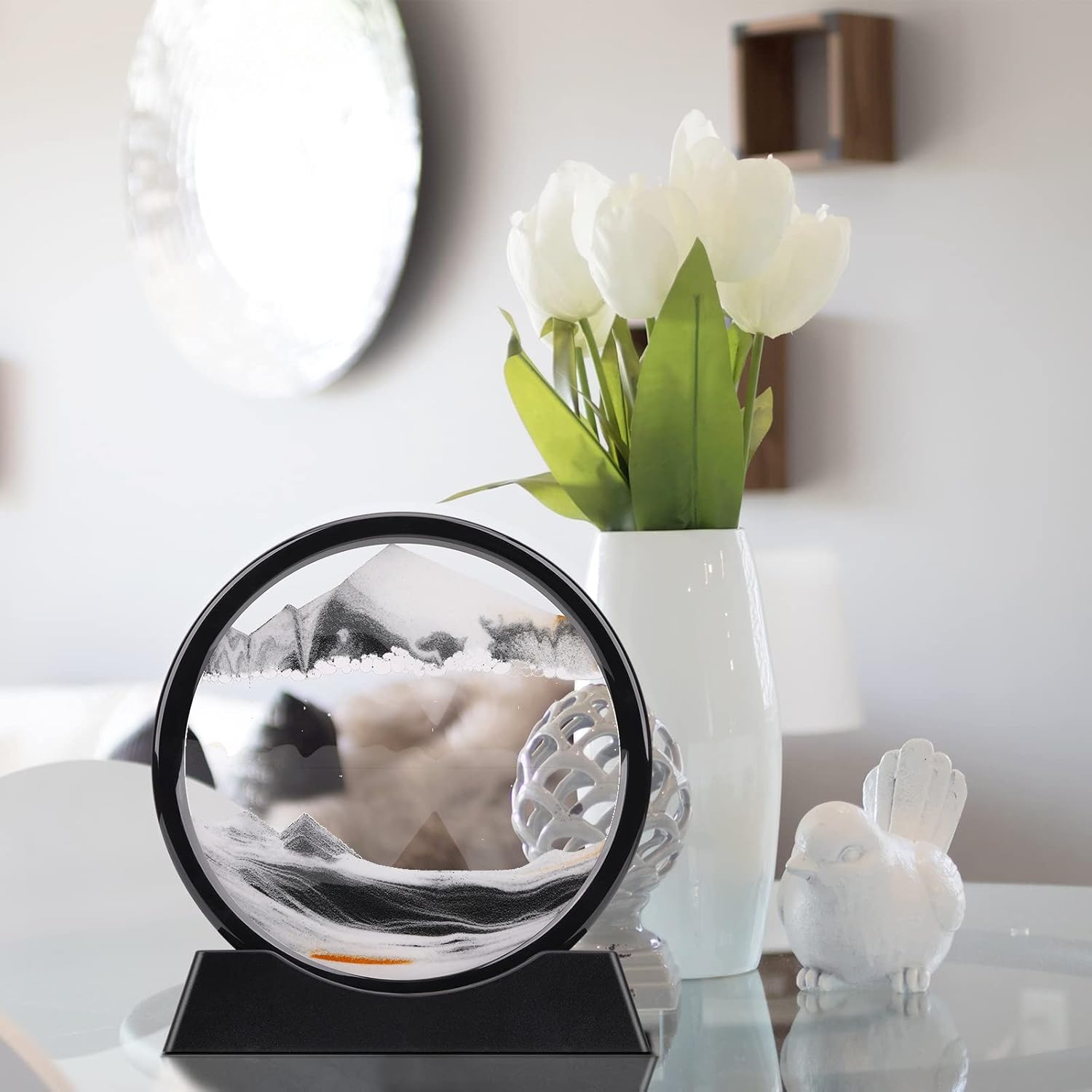 QLKUNLA Moving Sand Art Picture Liquid Motion 3D Deep Sea Sandscape in Motion Display Flowing Sand Frame Relaxing Desktop Home Office Work Decor Art Toys (7 inch, Black)