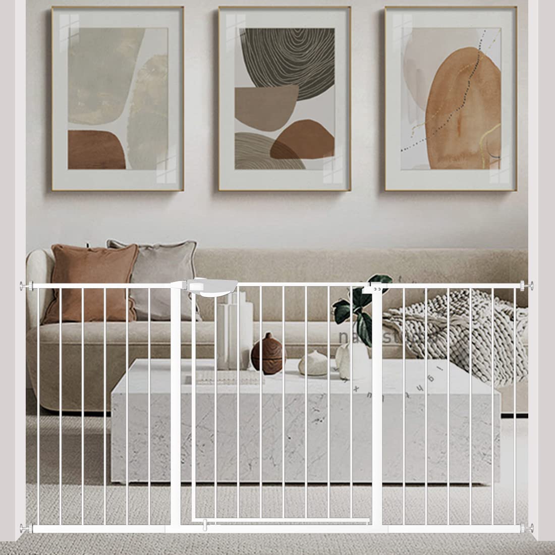 WAOWAO Triple Lock Baby Gate Extra Wide 57.87-62.59" Pressure Mounted Walk Through Swing Auto Close Safety White Metal Dog Pet Puppy Cat for Stairs,Doorways,Kitchen