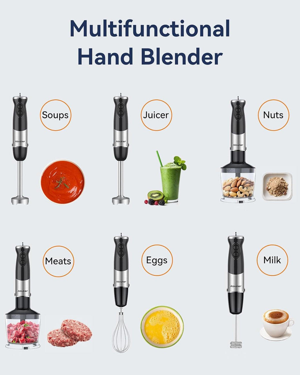 Immersion Blender Handheld 1000W 5 in 1 Corded Stick Hand Blender Kitchen with 12 Speed, BPA-Free, Mixing Beaker, Chopper, Whisk, Milk Frother, Perfect Emulsifier for Soup, Baby Food, Sauce, Puree