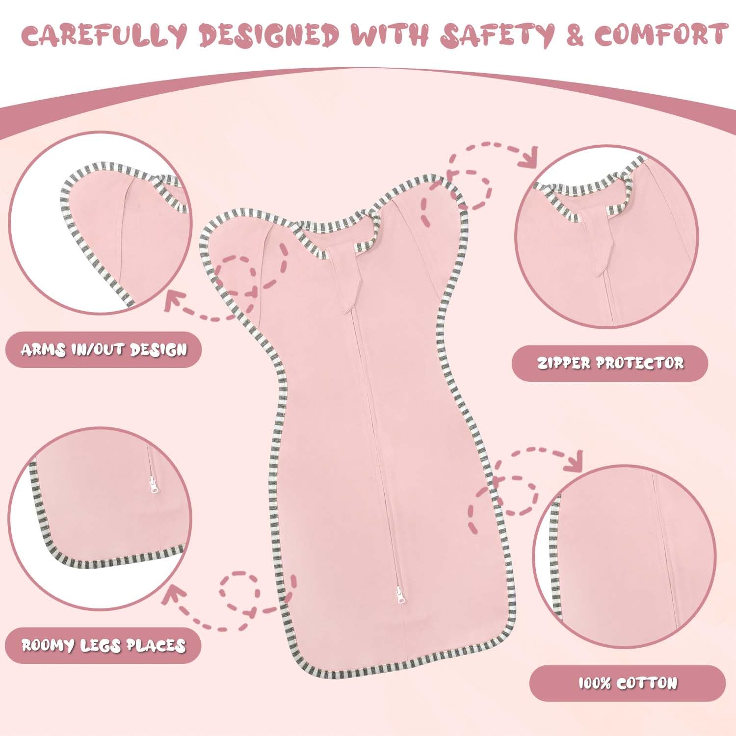 Baby Sleep Swaddles Arms up Swaddle 6-9 Months, Baby Transitional Swaddle Sack with 2-Way Zipper, 2-Pack Arms in/Out 100% Cotton 0.8Tog Transition Sleep Sack for Girl (Large 20-27lbs)